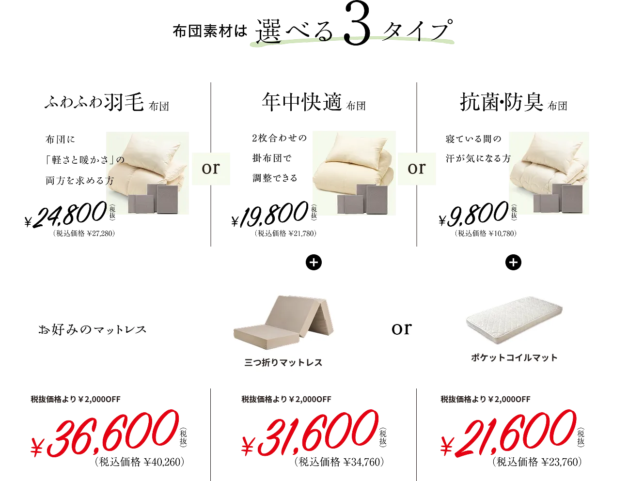 布団素材は選べる3タイプ ふわふわ羽毛布団、年中快適布団、抗菌防臭布団