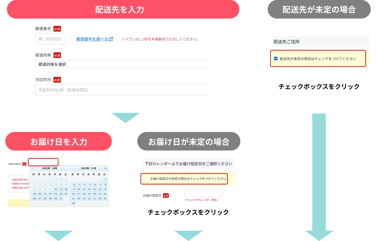 配送先が未定の場合はチェックボックスをクリック